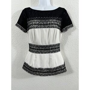 Catherine Malandrino Blouse Womens 2 Black White Lace Short Sleeve Peplum Sheer